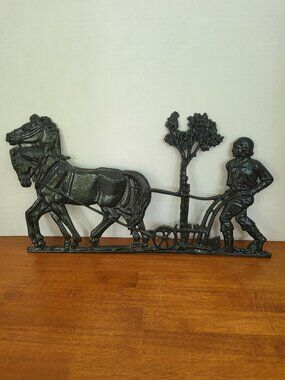 Vintage 1957 JZH Cast Iron Wall Decor Plaque Farmer Plowing Rustic Farmhouse VTG